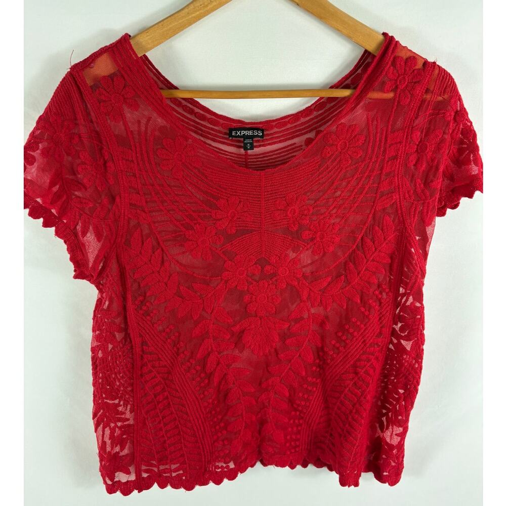 Express Red Lace Boho Blouse Semi Sheer Size Medium
